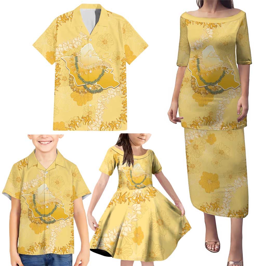 Hawaii Oahu Island Flowers Lei Family Matching Puletasi and Hawaiian Shirt Yellow Ilima Mix Plumeria LT7 - Polynesian Pride