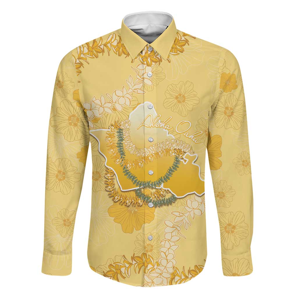 Hawaii Oahu Island Flowers Lei Family Matching Puletasi and Hawaiian Shirt Yellow Ilima Mix Plumeria LT7 Dad's Shirt - Long Sleeve Yellow - Polynesian Pride