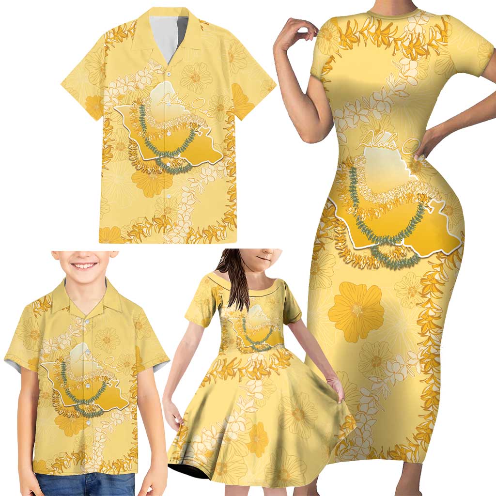 Hawaii Oahu Island Flowers Lei Family Matching Short Sleeve Bodycon Dress and Hawaiian Shirt Yellow Ilima Mix Plumeria