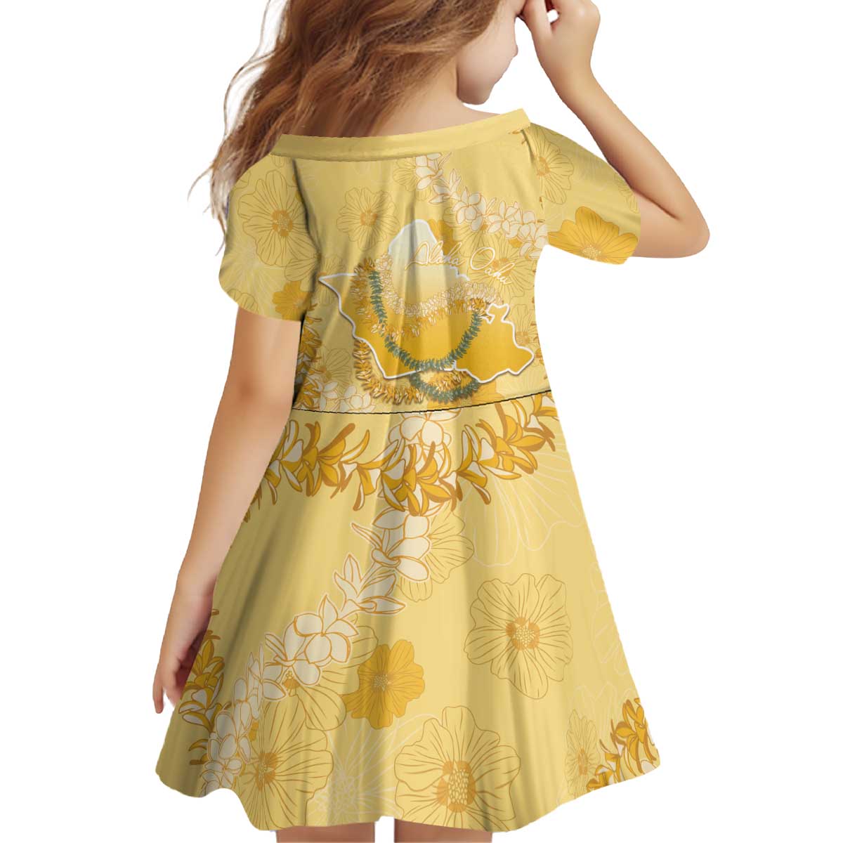 Hawaii Oahu Island Flowers Lei Kid Short Sleeve Dress Yellow Ilima Mix Plumeria