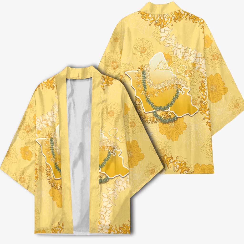 Hawaii Oahu Island Flowers Lei Kimono Yellow Ilima Mix Plumeria