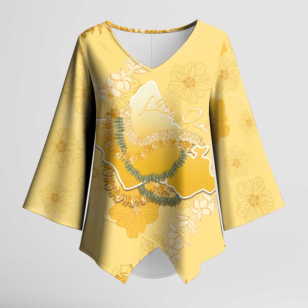Hawaii Oahu Island Flowers Lei Kimono Sleeve Blouse Yellow Ilima Mix Plumeria