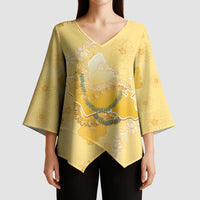 Hawaii Oahu Island Flowers Lei Kimono Sleeve Blouse Yellow Ilima Mix Plumeria
