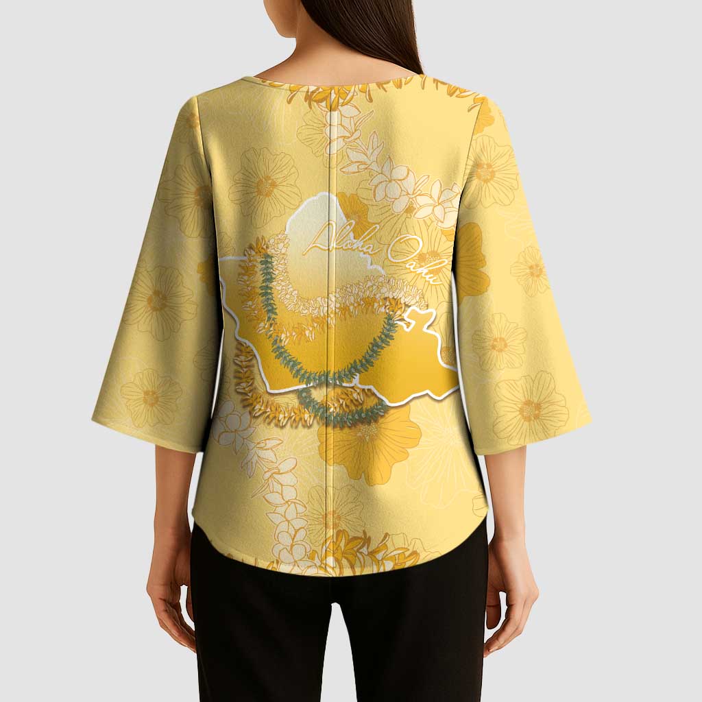 Hawaii Oahu Island Flowers Lei Kimono Sleeve Blouse Yellow Ilima Mix Plumeria