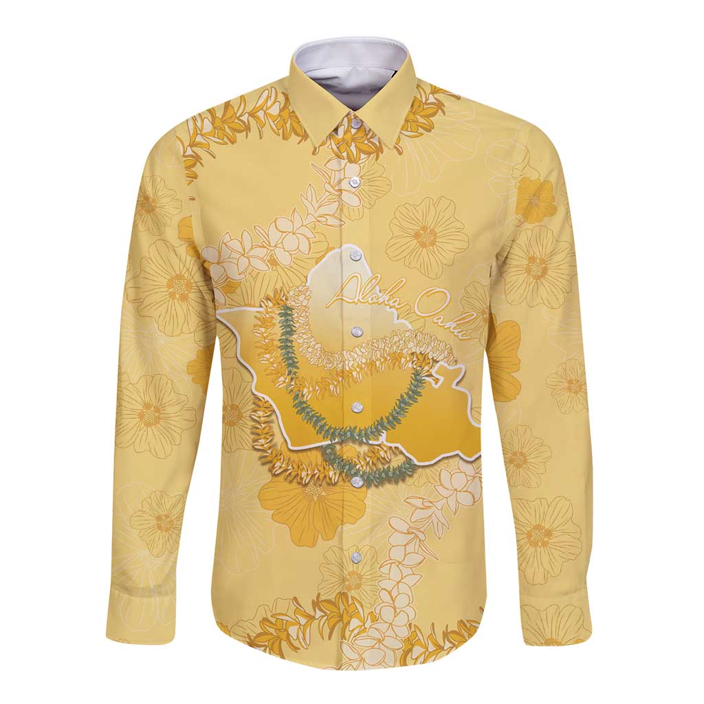 Hawaii Oahu Island Flowers Lei Long Sleeve Button Shirt Yellow Ilima Mix Plumeria