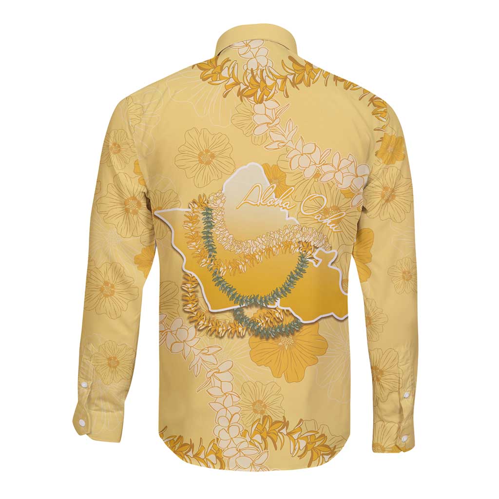 Hawaii Oahu Island Flowers Lei Long Sleeve Button Shirt Yellow Ilima Mix Plumeria