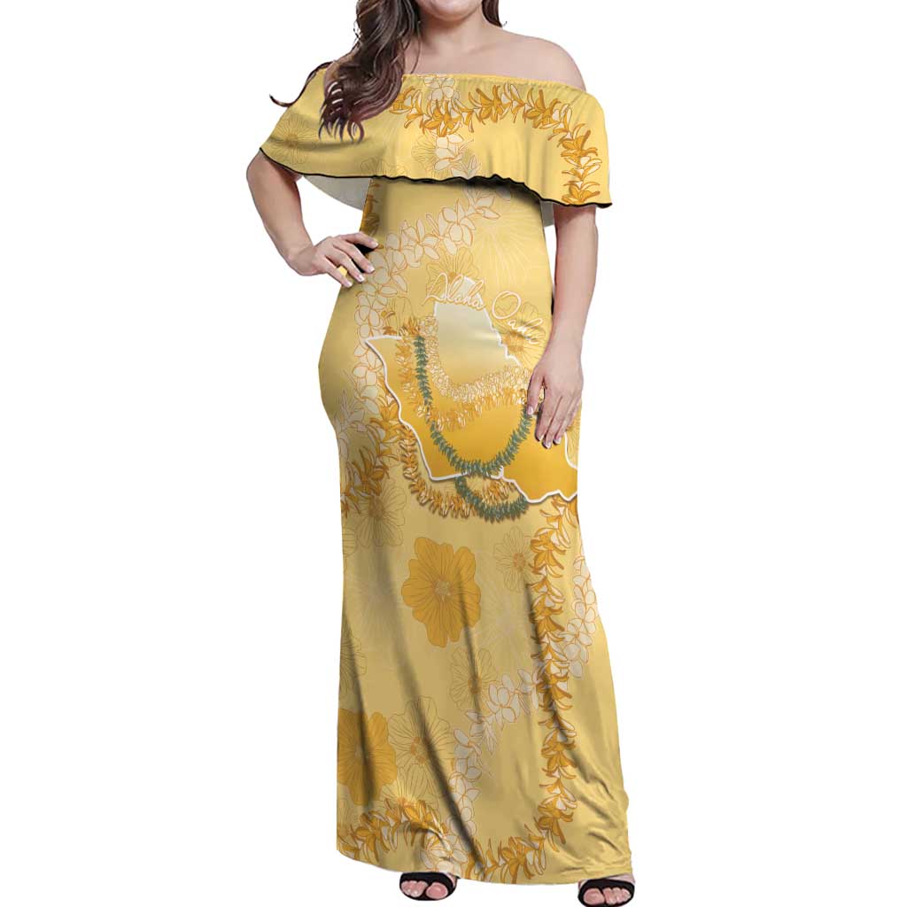 Hawaii Oahu Island Flowers Lei Off Shoulder Maxi Dress Yellow Ilima Mix Plumeria