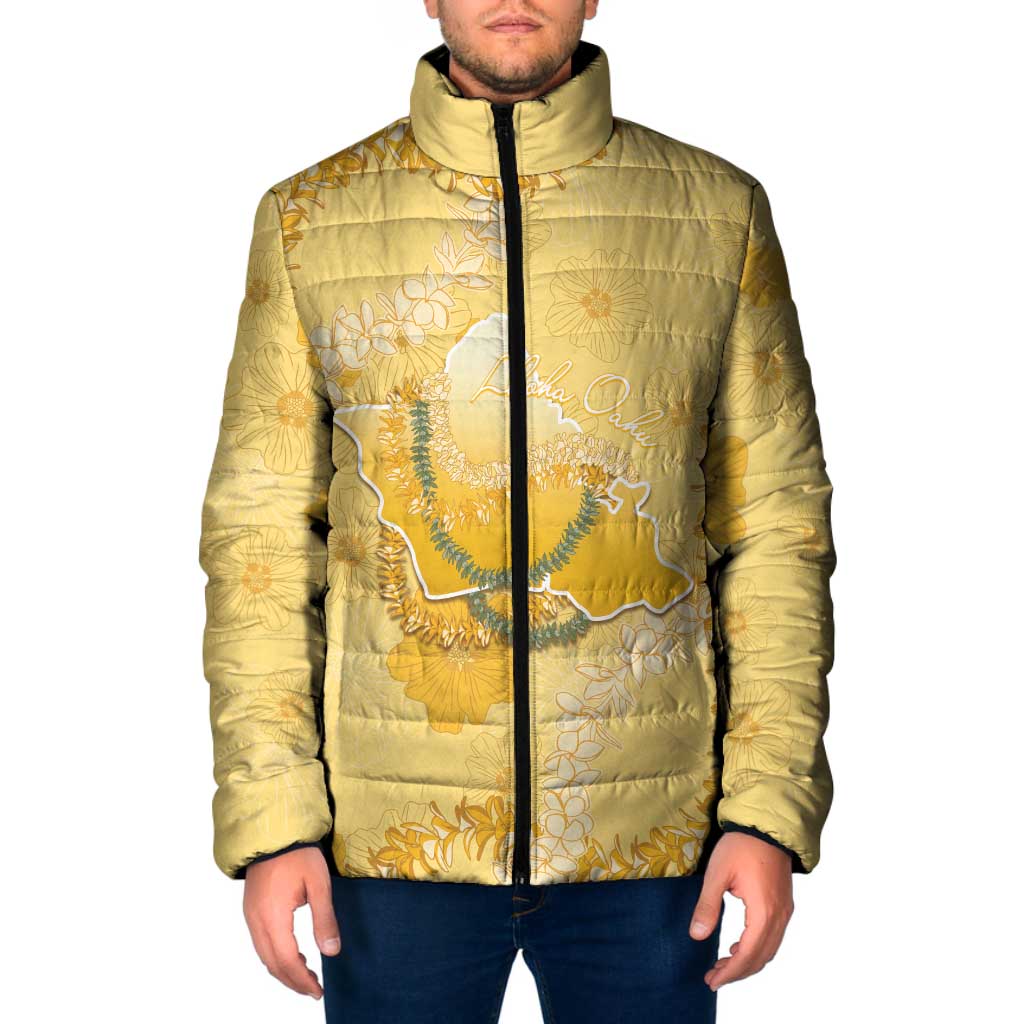 Hawaii Oahu Island Flowers Lei Padded Jacket Yellow Ilima Mix Plumeria