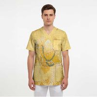 Hawaii Oahu Island Flowers Lei Scrub Top Yellow Ilima Mix Plumeria