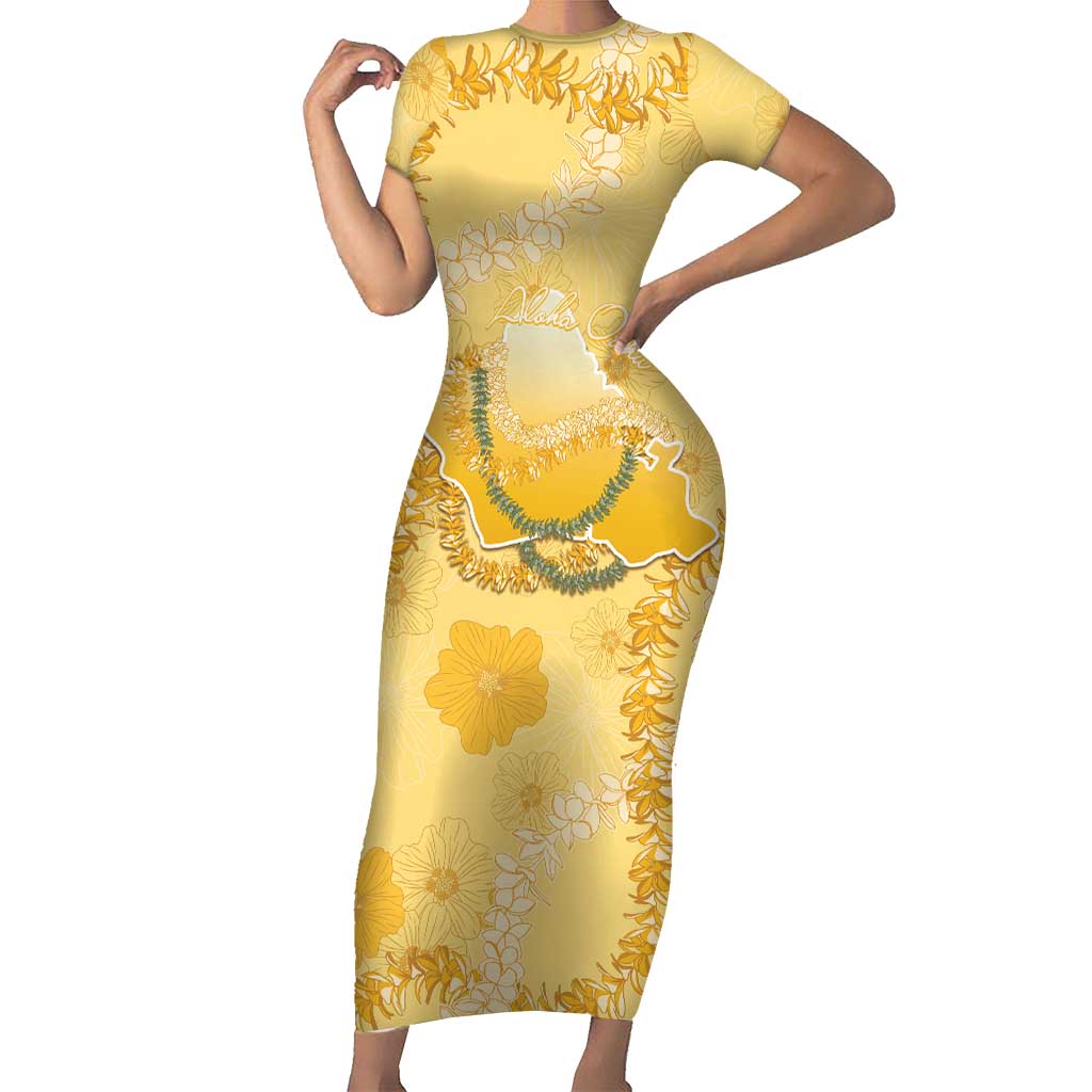 Hawaii Oahu Island Flowers Lei Short Sleeve Bodycon Dress Yellow Ilima Mix Plumeria