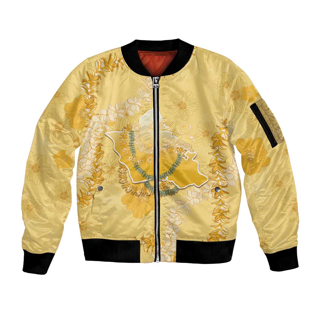 Hawaii Oahu Island Flowers Lei Sleeve Zip Bomber Jacket Yellow Ilima Mix Plumeria