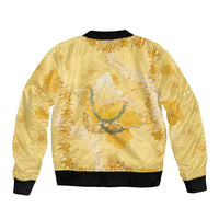 Hawaii Oahu Island Flowers Lei Sleeve Zip Bomber Jacket Yellow Ilima Mix Plumeria