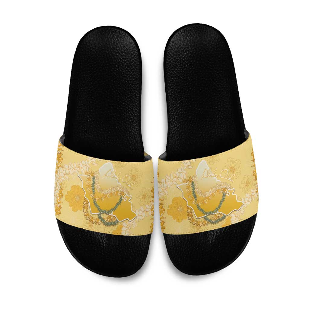 Hawaii Oahu Island Flowers Lei Slide Sandals Yellow Ilima Mix Plumeria