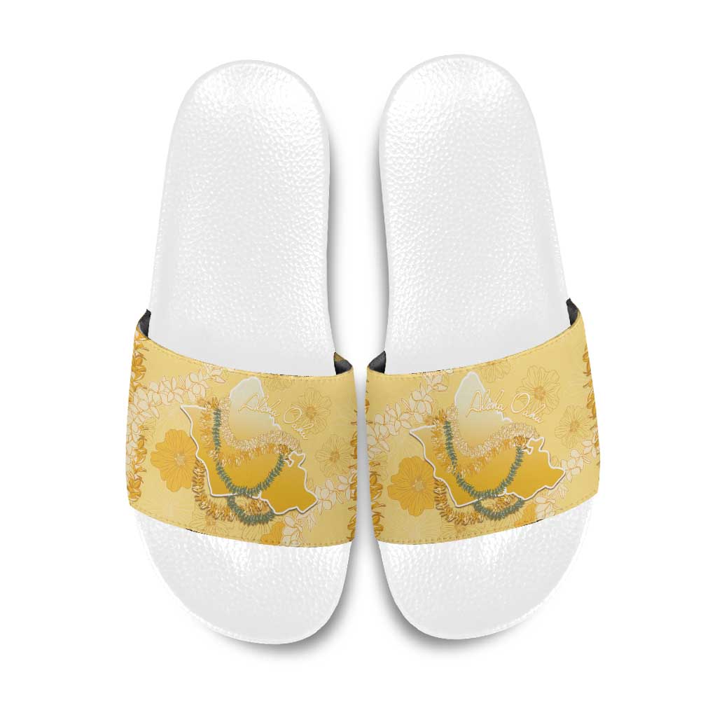 Hawaii Oahu Island Flowers Lei Slide Sandals Yellow Ilima Mix Plumeria