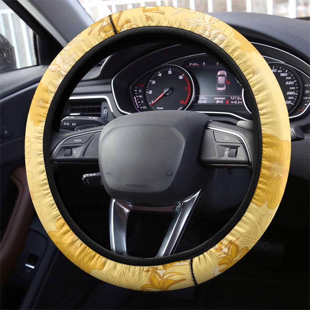 Hawaii Oahu Island Flowers Lei Steering Wheel Cover Yellow Ilima Mix Plumeria