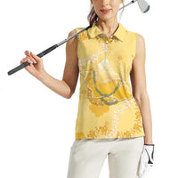 Hawaii Oahu Island Flowers Lei Women Sleeveless Polo Shirt Yellow Ilima Mix Plumeria LT7 - Polynesian Pride