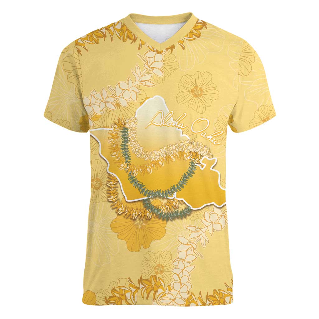 Hawaii Oahu Island Flowers Lei Women V-Neck T-Shirt Yellow Ilima Mix Plumeria LT7 Female Yellow - Polynesian Pride