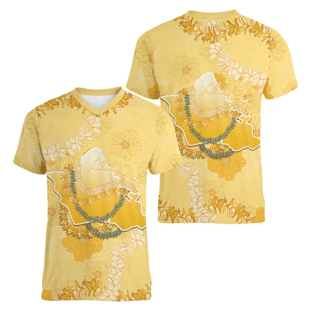 Hawaii Oahu Island Flowers Lei Women V-Neck T-Shirt Yellow Ilima Mix Plumeria LT7 - Polynesian Pride