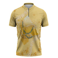 Hawaii Oahu Island Flowers Lei Zipper Polo Shirt Yellow Ilima Mix Plumeria