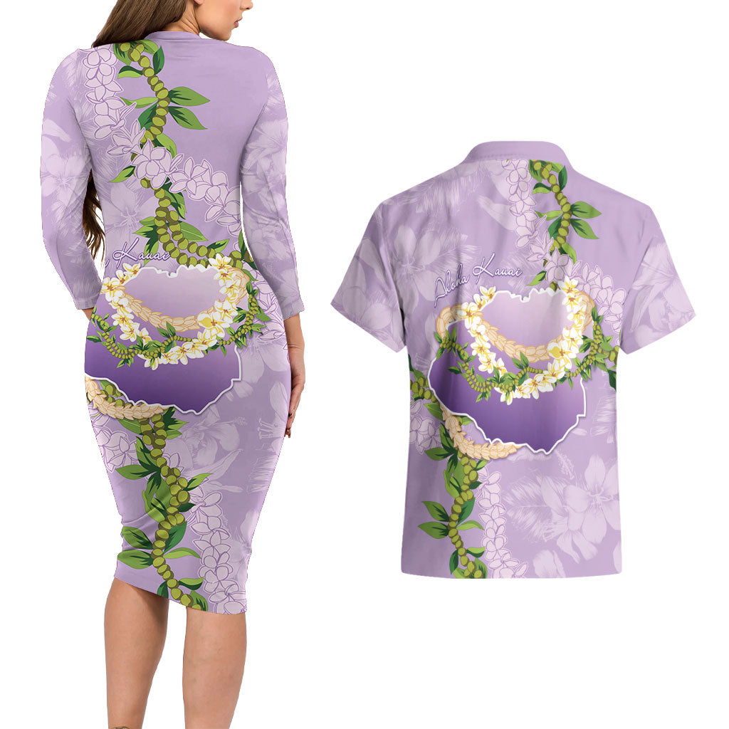 Hawaii Kauai Island Flowers Lei Couples Matching Long Sleeve Bodycon Dress and Hawaiian Shirt Mokihana Lei LT7 - Polynesian Pride