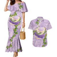 Hawaii Kauai Island Flowers Lei Couples Matching Mermaid Dress and Hawaiian Shirt Mokihana Lei LT7 Lavender - Polynesian Pride