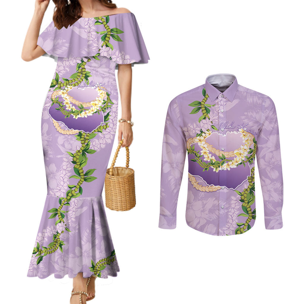 Hawaii Kauai Island Flowers Lei Couples Matching Mermaid Dress and Long Sleeve Button Shirt Mokihana Lei