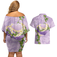 Hawaii Kauai Island Flowers Lei Couples Matching Off Shoulder Short Dress and Hawaiian Shirt Mokihana Lei LT7 - Polynesian Pride