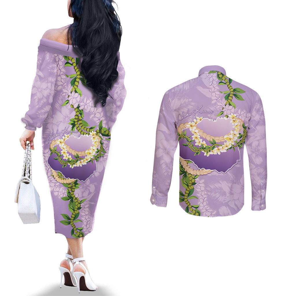 Hawaii Kauai Island Flowers Lei Couples Matching Off The Shoulder Long Sleeve Dress and Long Sleeve Button Shirt Mokihana Lei LT7 - Polynesian Pride