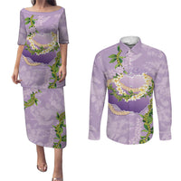 Hawaii Kauai Island Flowers Lei Couples Matching Puletasi and Long Sleeve Button Shirt Mokihana Lei