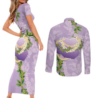 Hawaii Kauai Island Flowers Lei Couples Matching Short Sleeve Bodycon Dress and Long Sleeve Button Shirt Mokihana Lei LT7 - Polynesian Pride