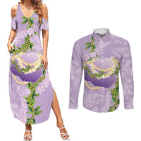 Hawaii Kauai Island Flowers Lei Couples Matching Summer Maxi Dress and Long Sleeve Button Shirt Mokihana Lei