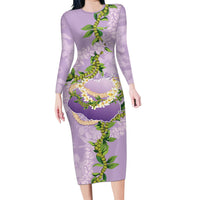Hawaii Kauai Island Flowers Lei Family Matching Long Sleeve Bodycon Dress and Hawaiian Shirt Mokihana Lei LT7 Mom's Dress Lavender - Polynesian Pride