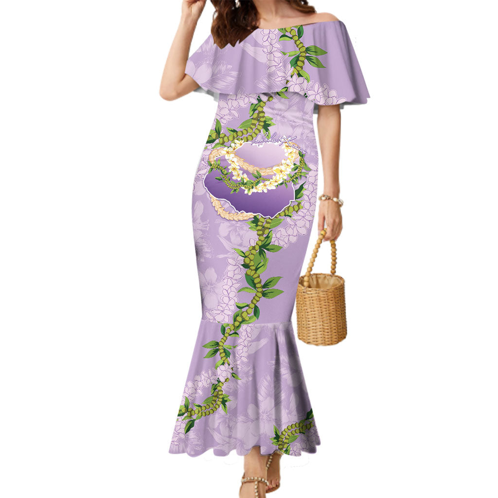 Hawaii Kauai Island Flowers Lei Family Matching Mermaid Dress and Hawaiian Shirt Mokihana Lei LT7 Mom's Dress Lavender - Polynesian Pride