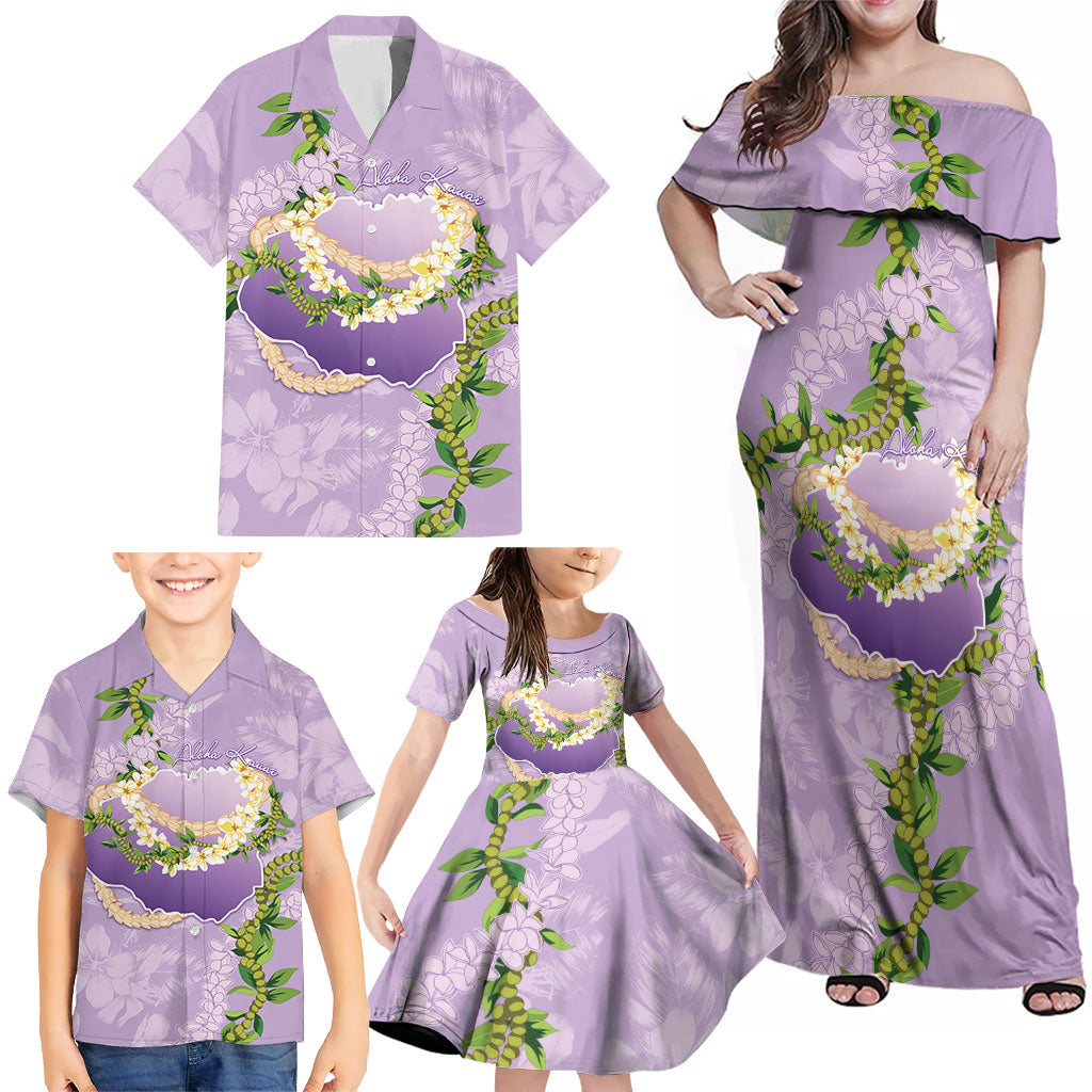 Hawaii Kauai Island Flowers Lei Family Matching Off Shoulder Maxi Dress and Hawaiian Shirt Mokihana Lei
