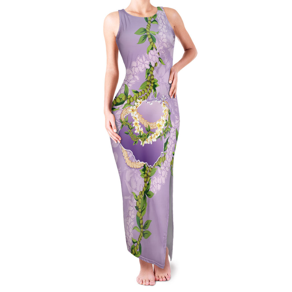 Hawaii Kauai Island Flowers Lei Family Matching Tank Maxi Dress and Hawaiian Shirt Mokihana Lei LT7 Mom's Dress Lavender - Polynesian Pride