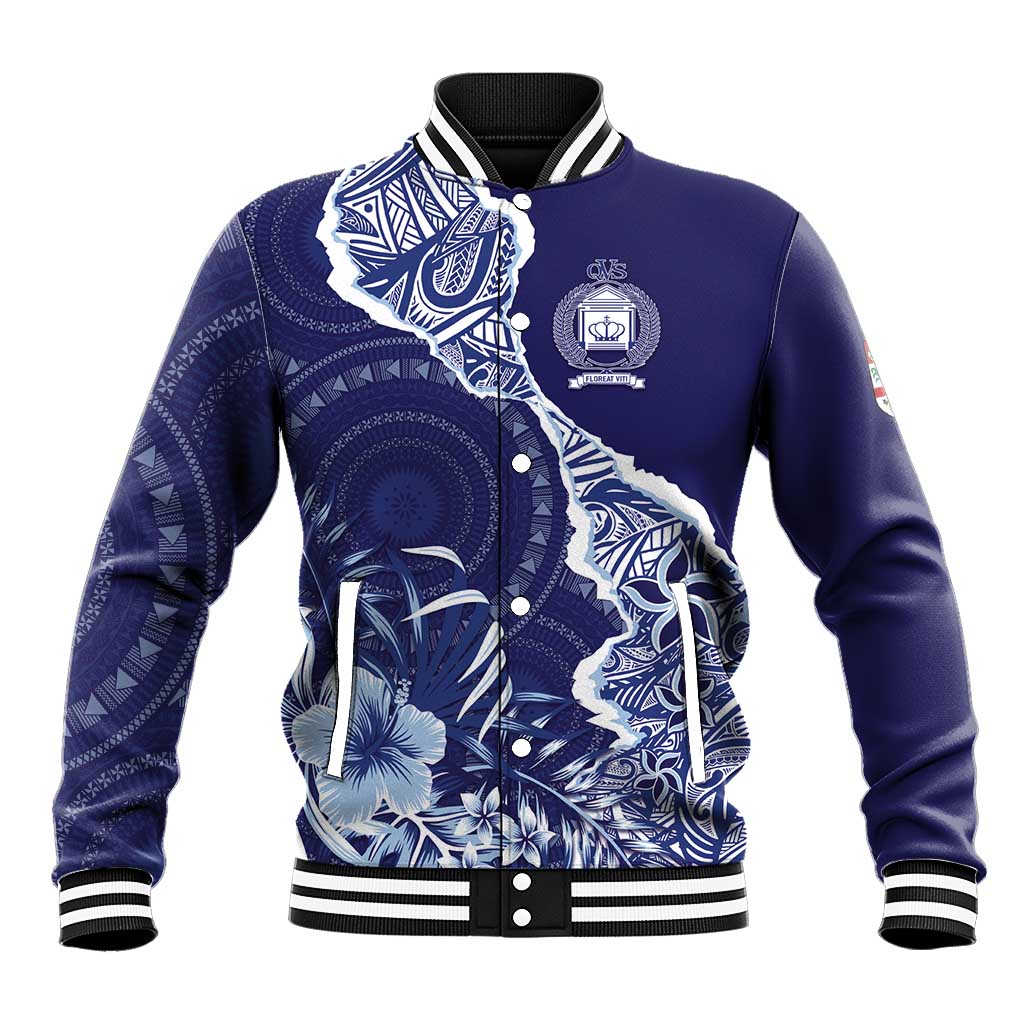 Fiji Queen Victoria School Personalised Baseball Jacket Masi Tapa Torn Style