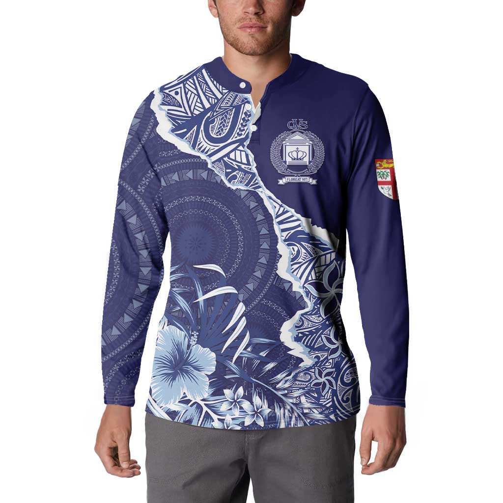 Fiji Queen Victoria School Personalised Button Sweatshirt Masi Tapa Torn Style