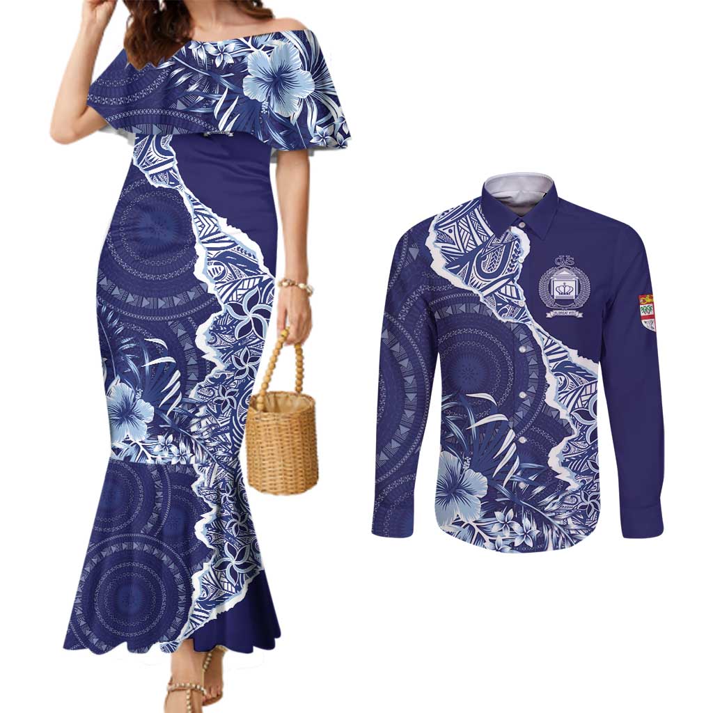 Fiji Queen Victoria School Personalised Couples Matching Mermaid Dress and Long Sleeve Button Shirt Masi Tapa Torn Style
