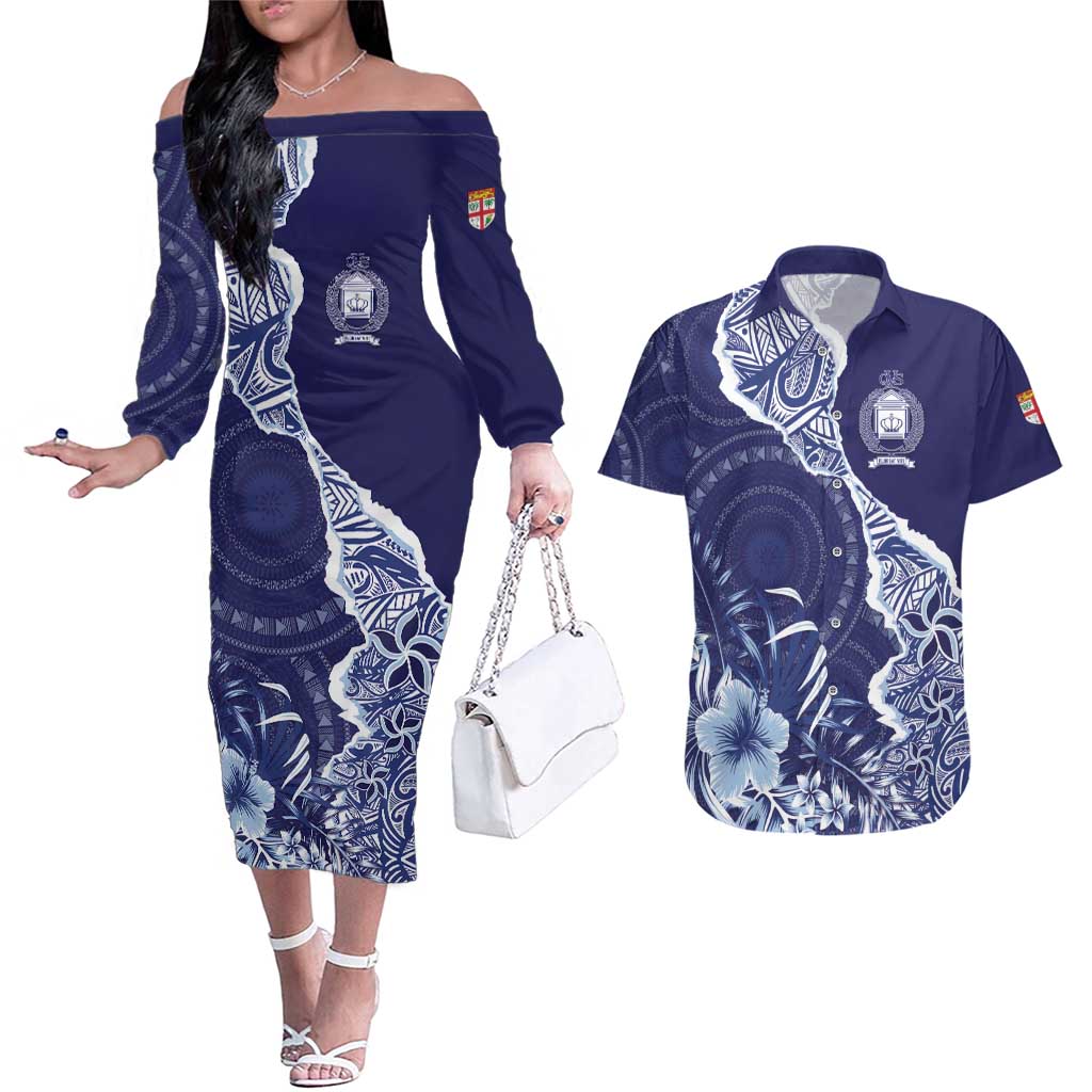 Fiji Queen Victoria School Personalised Couples Matching Off The Shoulder Long Sleeve Dress and Hawaiian Shirt Masi Tapa Torn Style LT7 Blue - Polynesian Pride