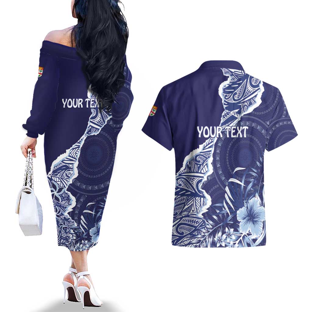 Fiji Queen Victoria School Personalised Couples Matching Off The Shoulder Long Sleeve Dress and Hawaiian Shirt Masi Tapa Torn Style LT7 - Polynesian Pride