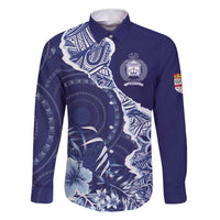 Fiji Queen Victoria School Personalised Family Matching Long Sleeve Bodycon Dress and Hawaiian Shirt Masi Tapa Torn Style LT7 Dad's Shirt - Long Sleeve Blue - Polynesian Pride