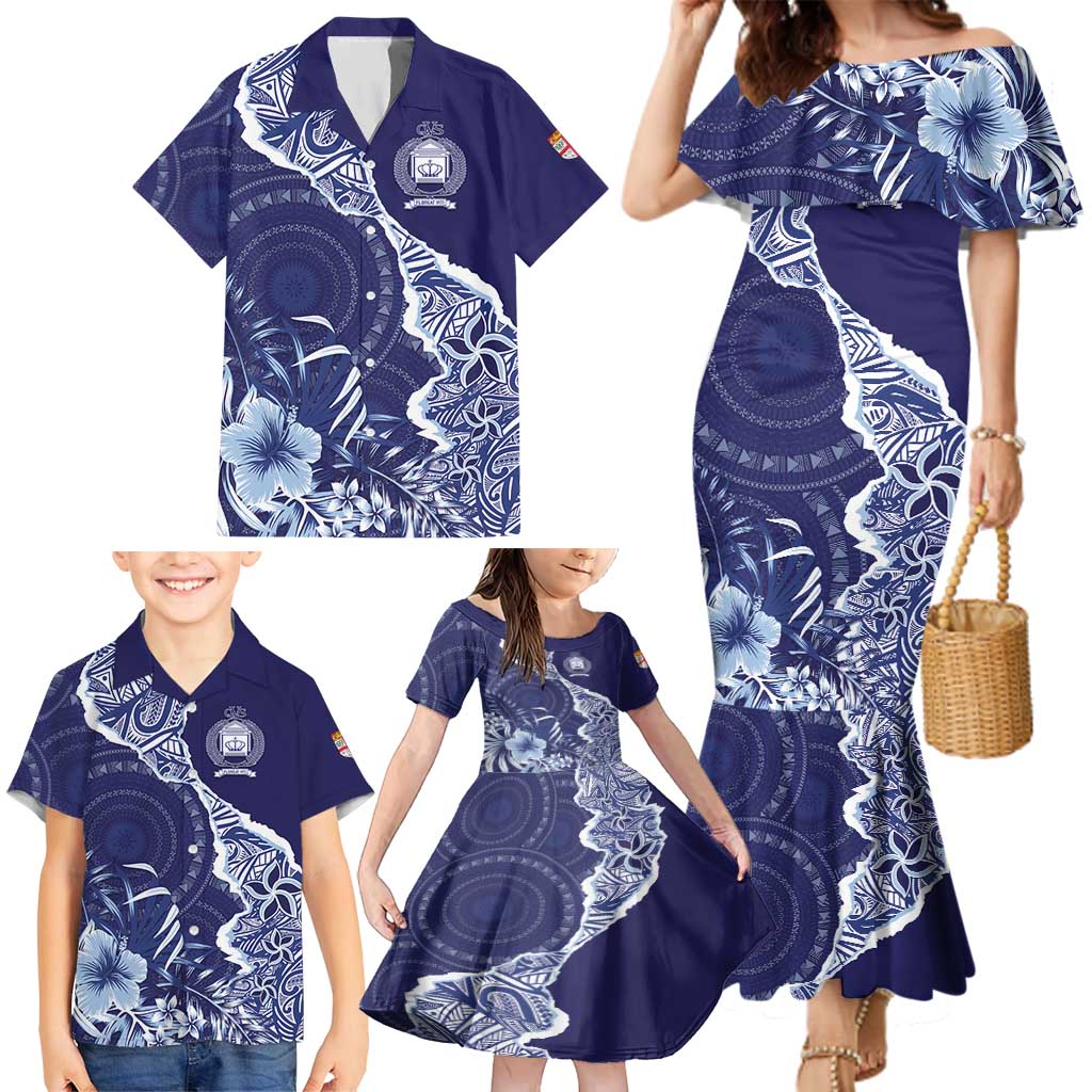 Fiji Queen Victoria School Personalised Family Matching Mermaid Dress and Hawaiian Shirt Masi Tapa Torn Style LT7 - Polynesian Pride