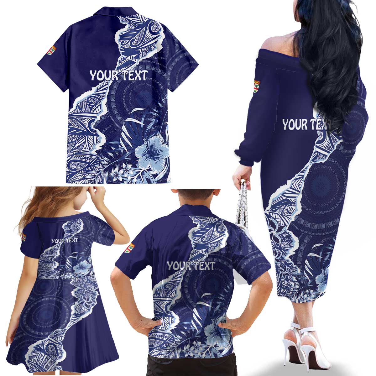 Fiji Queen Victoria School Personalised Family Matching Off The Shoulder Long Sleeve Dress and Hawaiian Shirt Masi Tapa Torn Style LT7 - Polynesian Pride