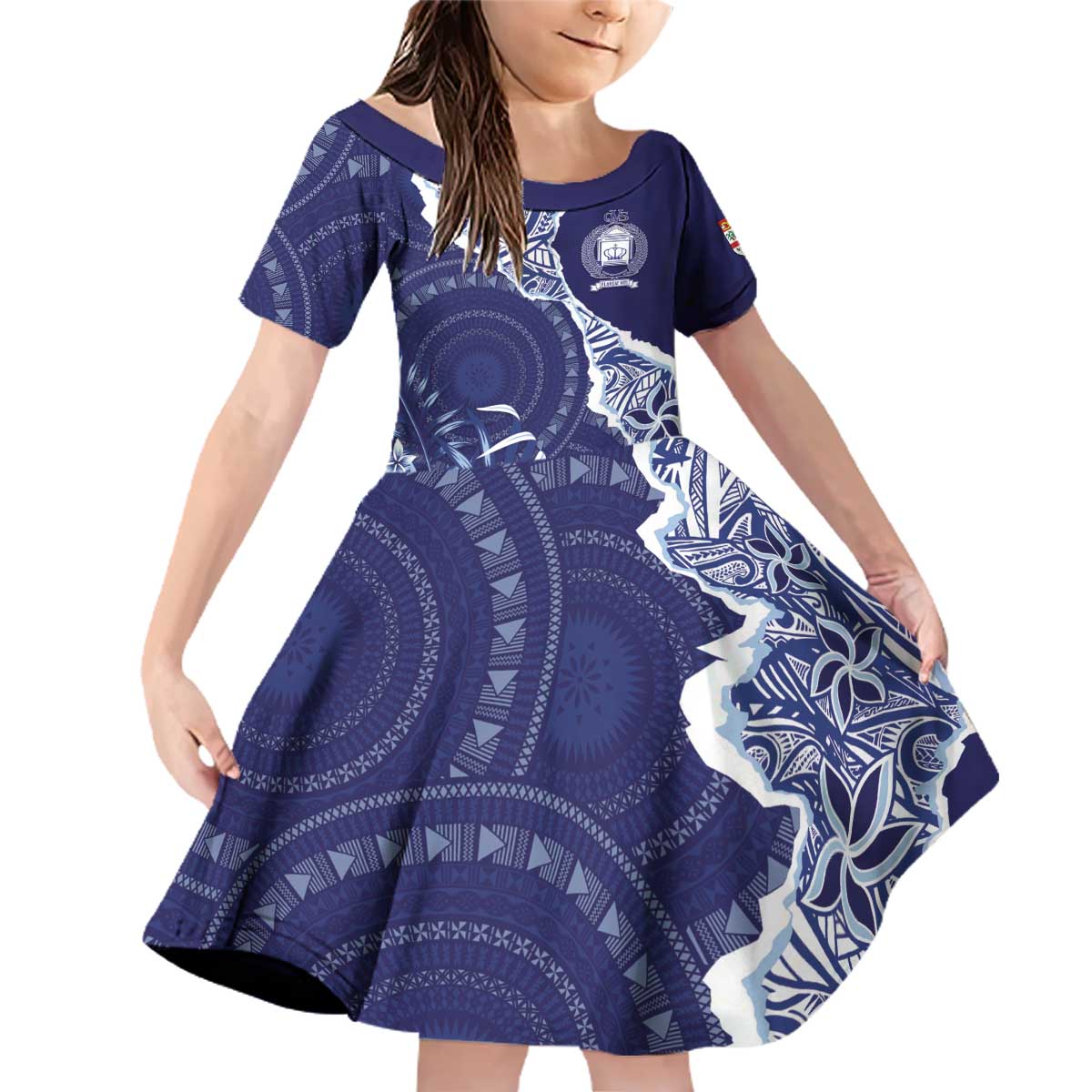 Fiji Queen Victoria School Personalised Family Matching Off Shoulder Short Dress and Hawaiian Shirt Masi Tapa Torn Style LT7 Daughter's Dress Blue - Polynesian Pride