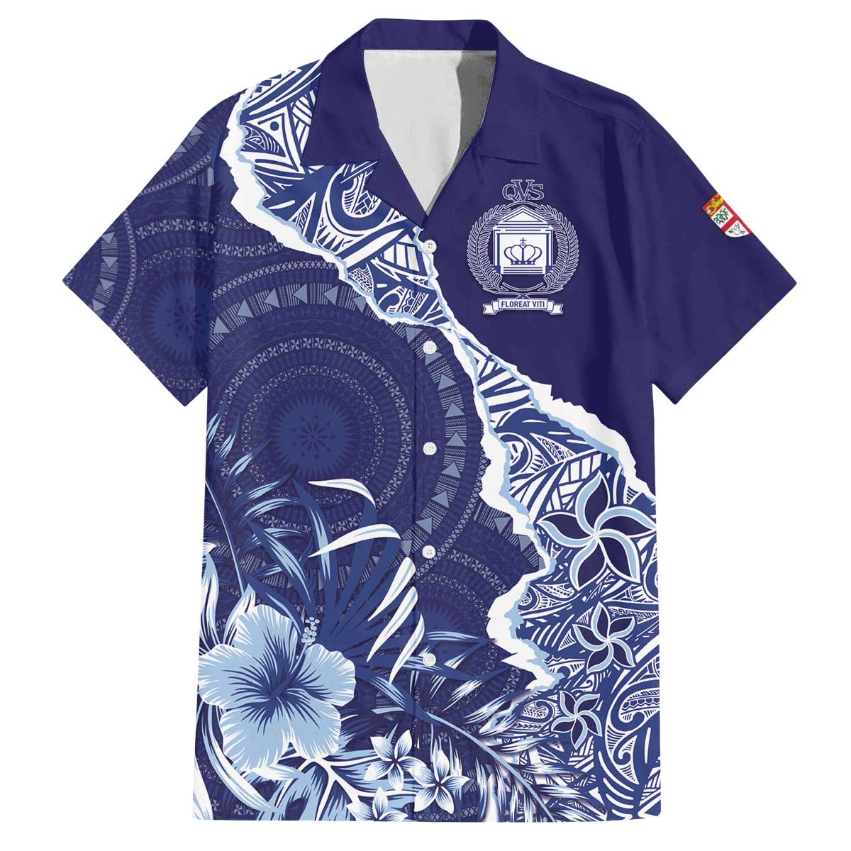 Fiji Queen Victoria School Personalised Family Matching Off Shoulder Short Dress and Hawaiian Shirt Masi Tapa Torn Style LT7 Dad's Shirt - Short Sleeve Blue - Polynesian Pride