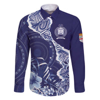 Fiji Queen Victoria School Personalised Family Matching Off Shoulder Short Dress and Hawaiian Shirt Masi Tapa Torn Style LT7 Dad's Shirt - Long Sleeve Blue - Polynesian Pride