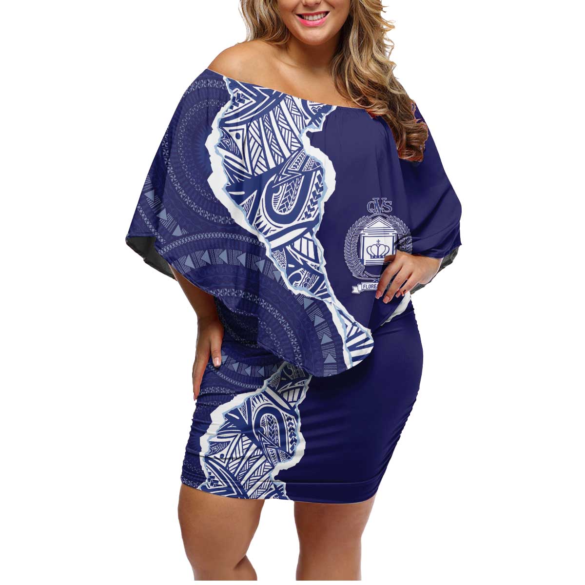 Fiji Queen Victoria School Personalised Family Matching Off Shoulder Short Dress and Hawaiian Shirt Masi Tapa Torn Style LT7 Mom's Dress Blue - Polynesian Pride