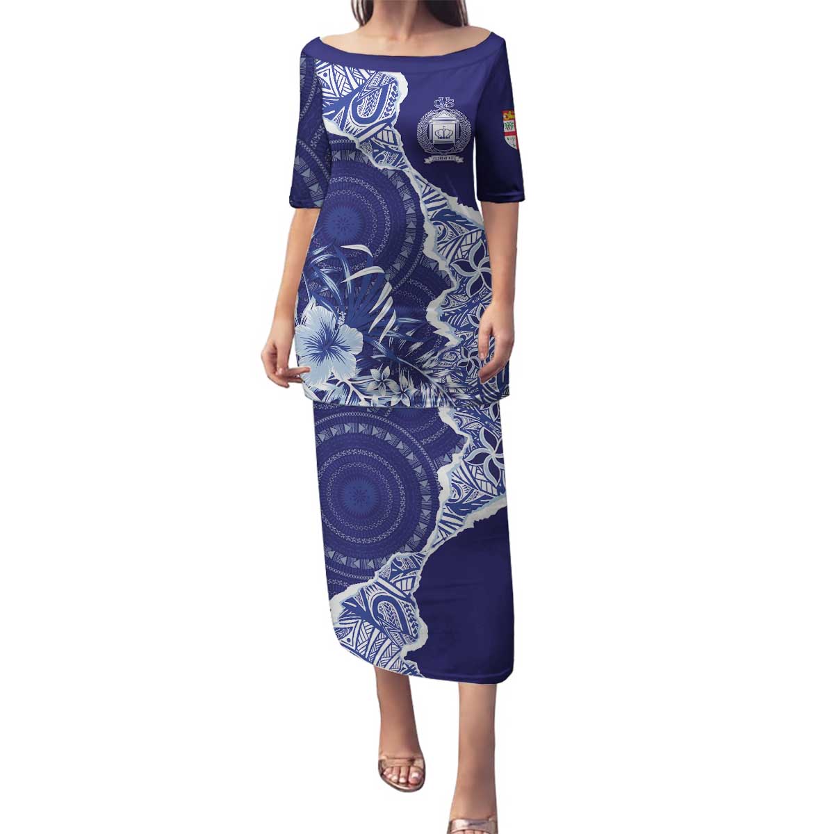 Fiji Queen Victoria School Personalised Family Matching Puletasi and Hawaiian Shirt Masi Tapa Torn Style LT7 Mom's Dress Blue - Polynesian Pride