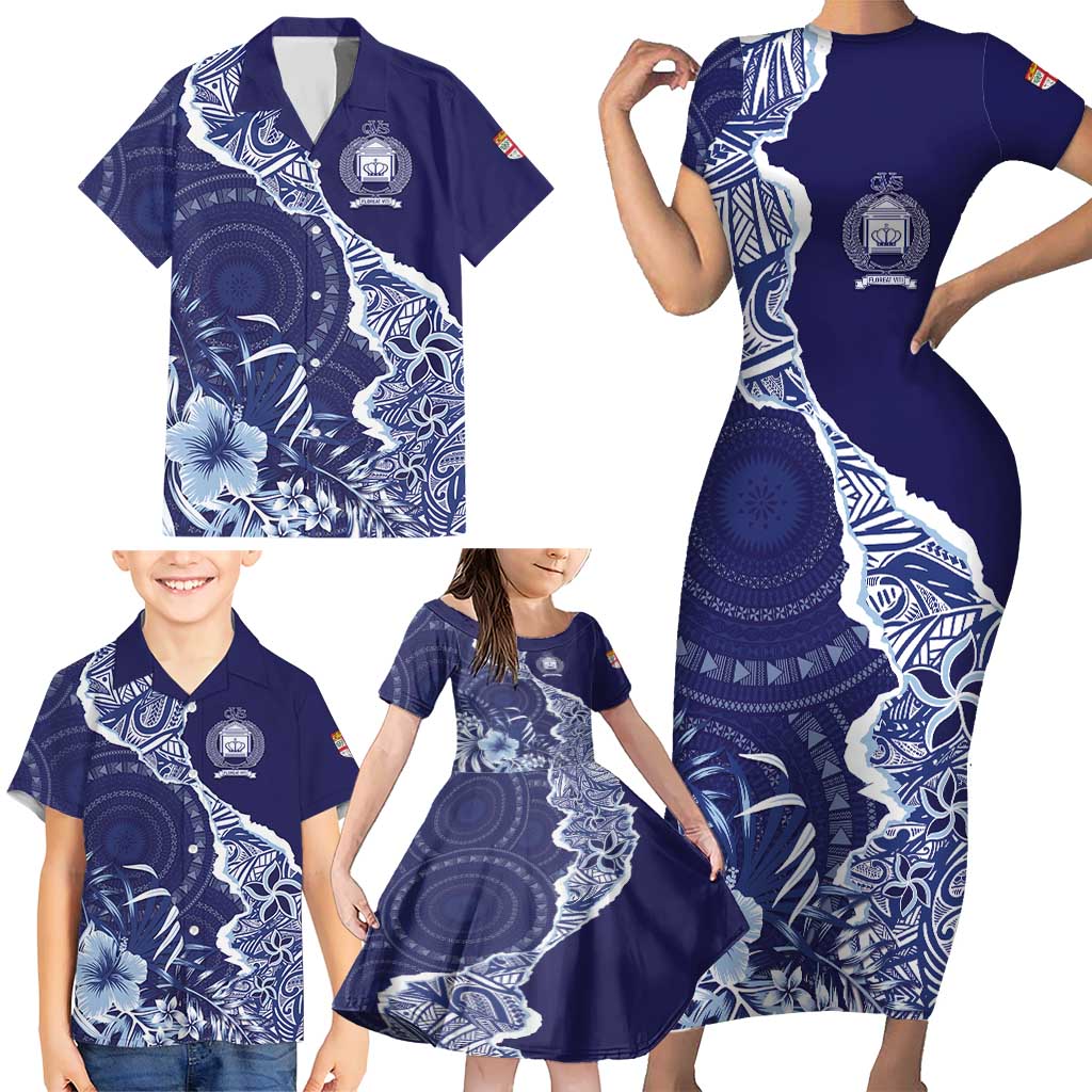 Fiji Queen Victoria School Personalised Family Matching Short Sleeve Bodycon Dress and Hawaiian Shirt Masi Tapa Torn Style LT7 - Polynesian Pride