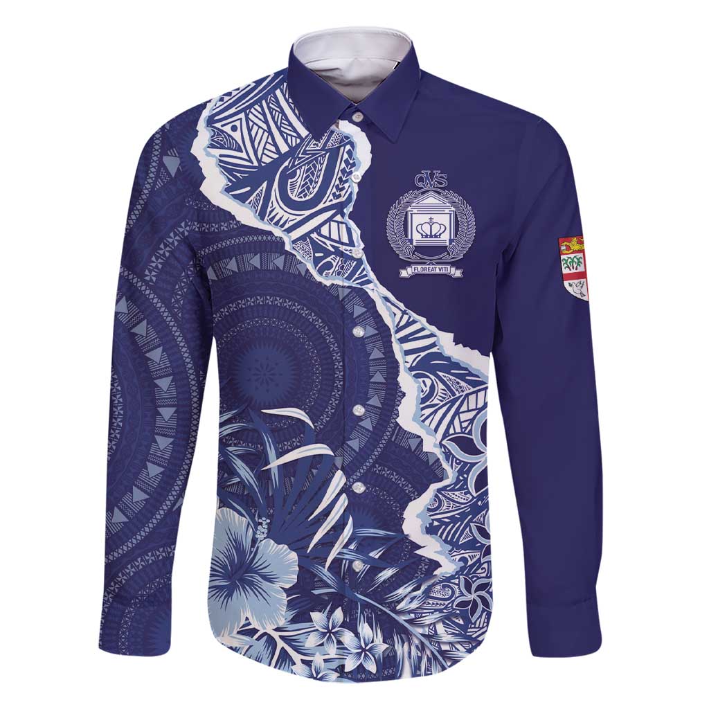 Fiji Queen Victoria School Personalised Family Matching Short Sleeve Bodycon Dress and Hawaiian Shirt Masi Tapa Torn Style LT7 Dad's Shirt - Long Sleeve Blue - Polynesian Pride